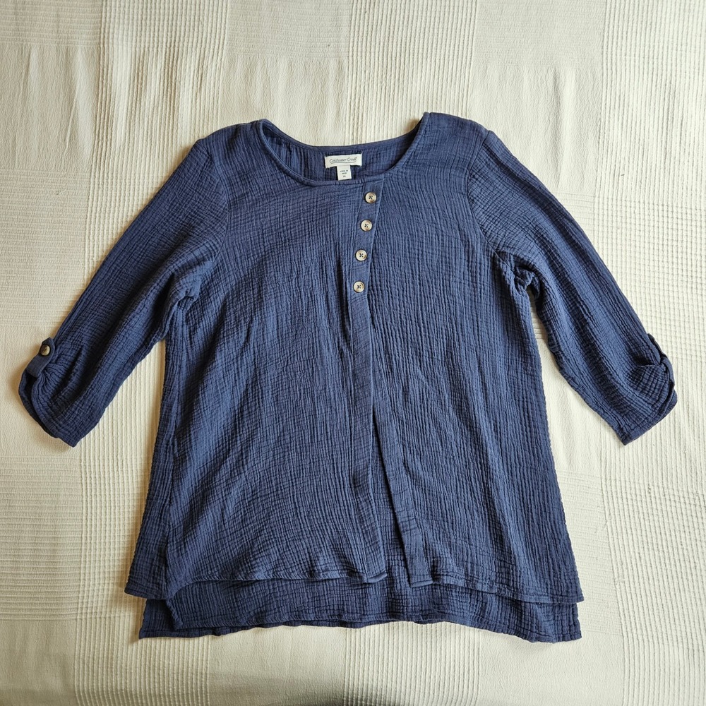 Coldwater Creek Blue Double Gauze Cotton Lagenlook Tunic Roll Tab Top Women XL